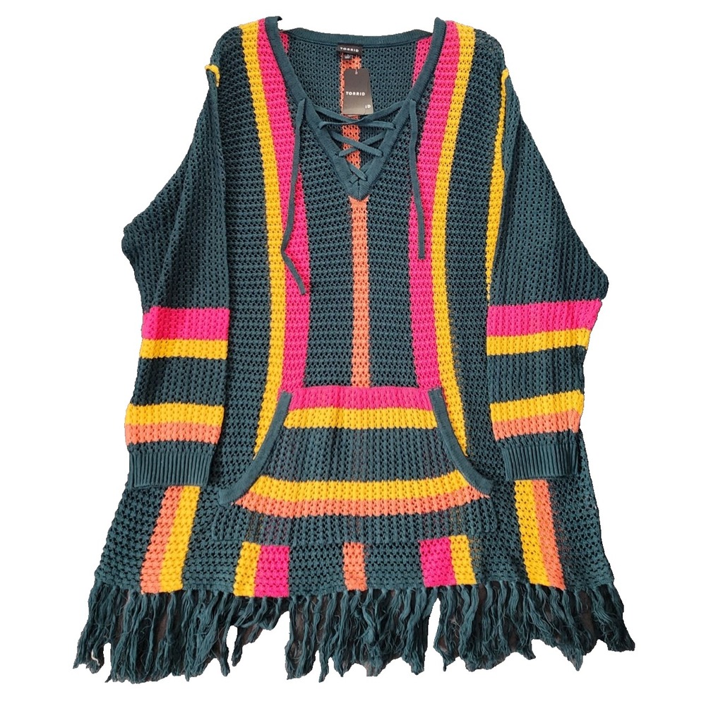 Torrid NWT Open Stitch Pullover Fringe Sweater 1X Kangaroo Pocket Boho Hippie